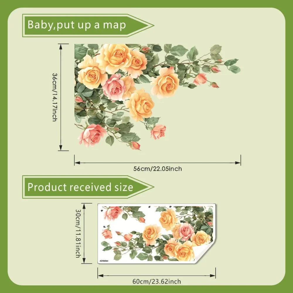 Vibrant Hand Drawn Rose Floral Self Adhesive Wall Murals Suitable for Bedroom Living Area Household Wall Background Decor Oasis Select