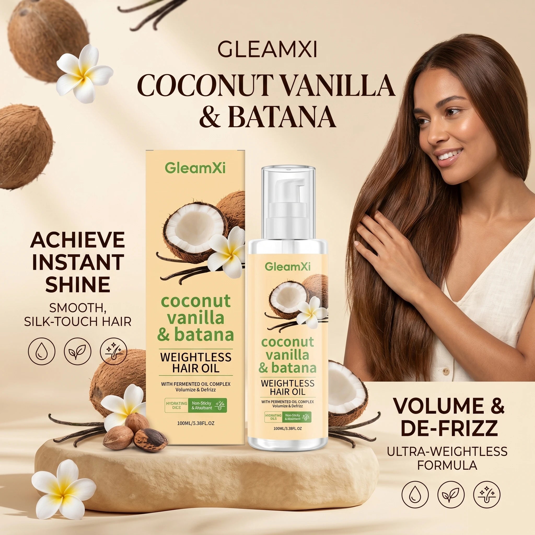 Coconut Vanilla & Batana Hair Oil Volumizing Serum for Frizzy, Dry & Damaged Hair Adds Shine Reduce Frizz Daily Nourishing Hair Oasis Select