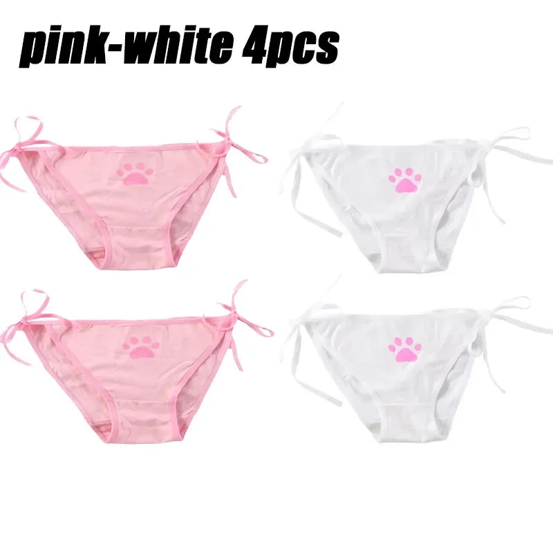 1-6PCS Sexy Bandage Lolita Panties Low Waist Lingerie Cute Claw Women's Briefs Low Waist Animation Underwear Oasis Select white-pink 4pcs One Size As shown