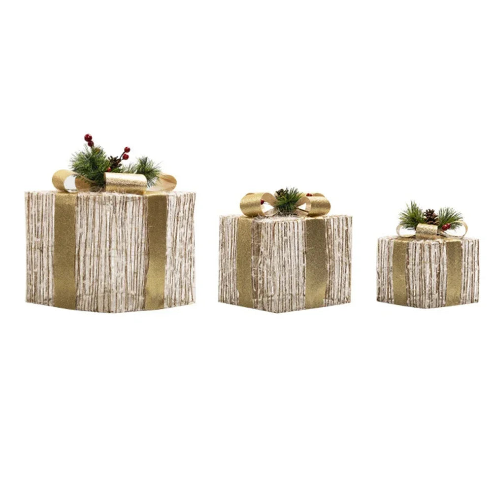 3 Piece Plush Christmas Light Up Boxes Set Featuring Metal Frame Silver Wire Wrap and Timer Function for Seasonal Use Oasis Select gold China Mainland