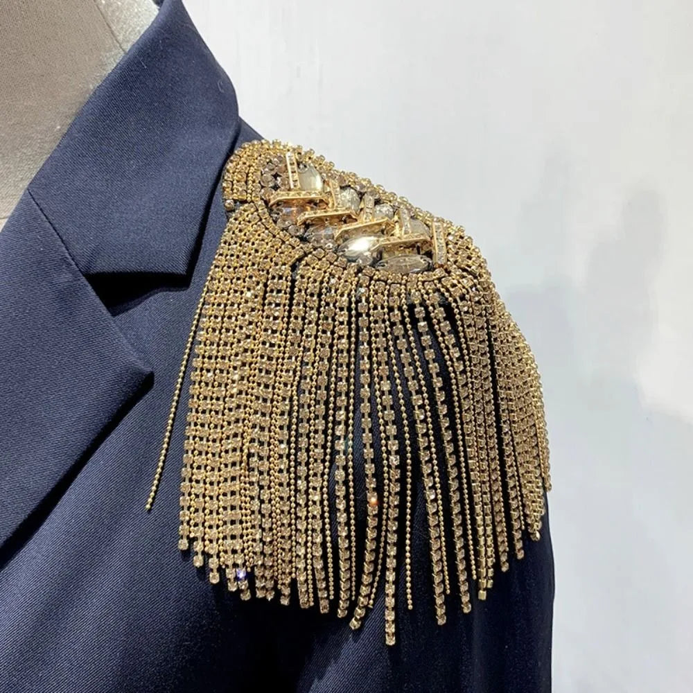 Rhinestone Shoulder Epaulette Tassel Brooch – Gold & Silver