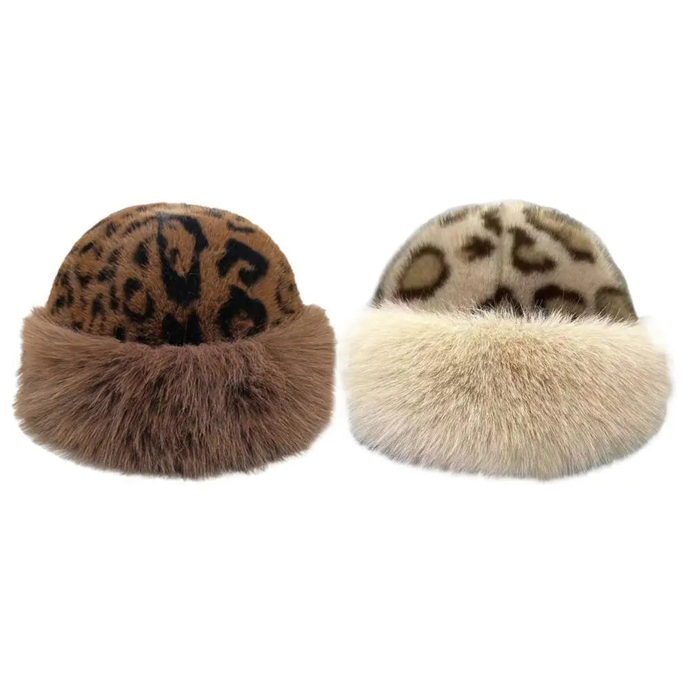 Women's Plush Leopard Print Winter Knit Hat with Pom Pom