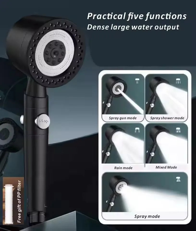 New 5 Mode Pressurized Shower Head With Filter Stop Button Water Saving Spray Nozzles Big Boost Showerhead Bathroom Accessories Oasis Select