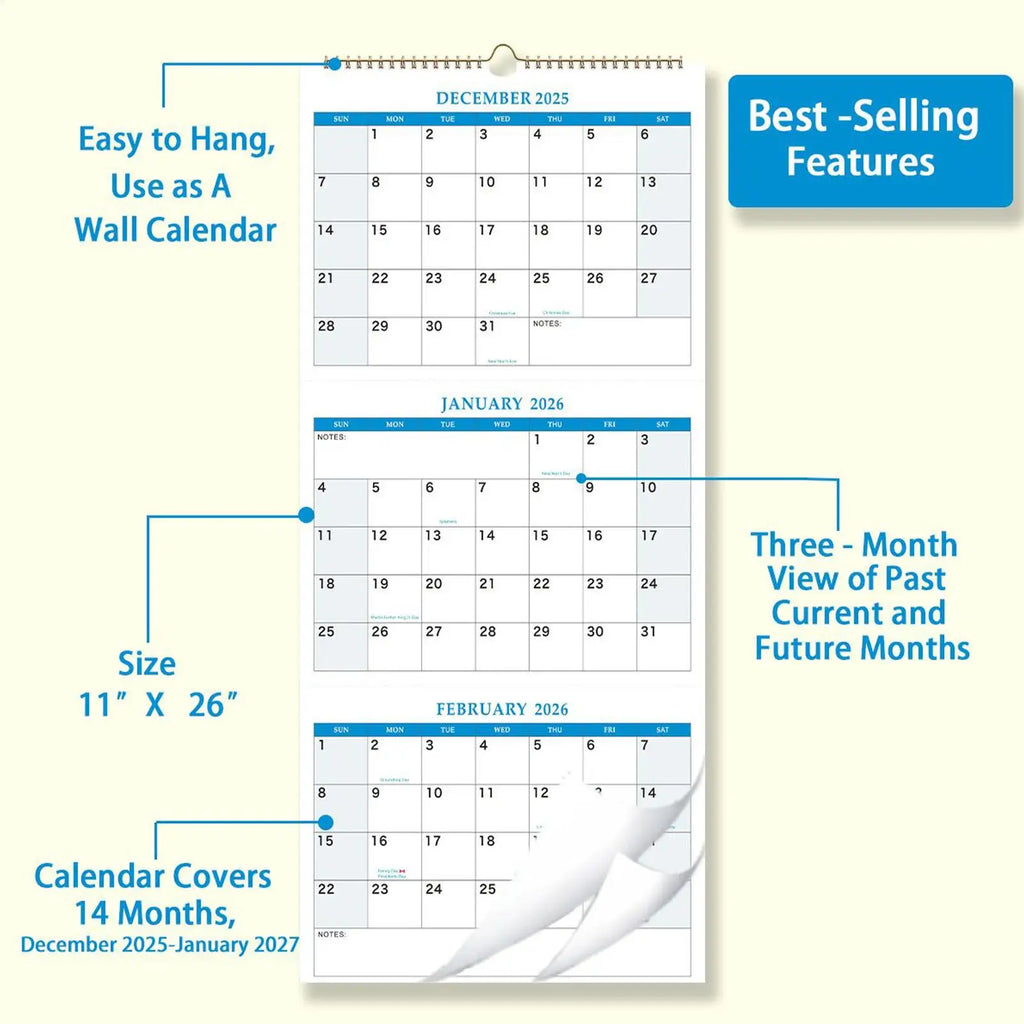 2025-2027 Vertical Yearly Wall Calendar 3 Month Wall Calendar Planners Organizers for Meeting Notebook Daily Schedule Pared Home Oasis Select