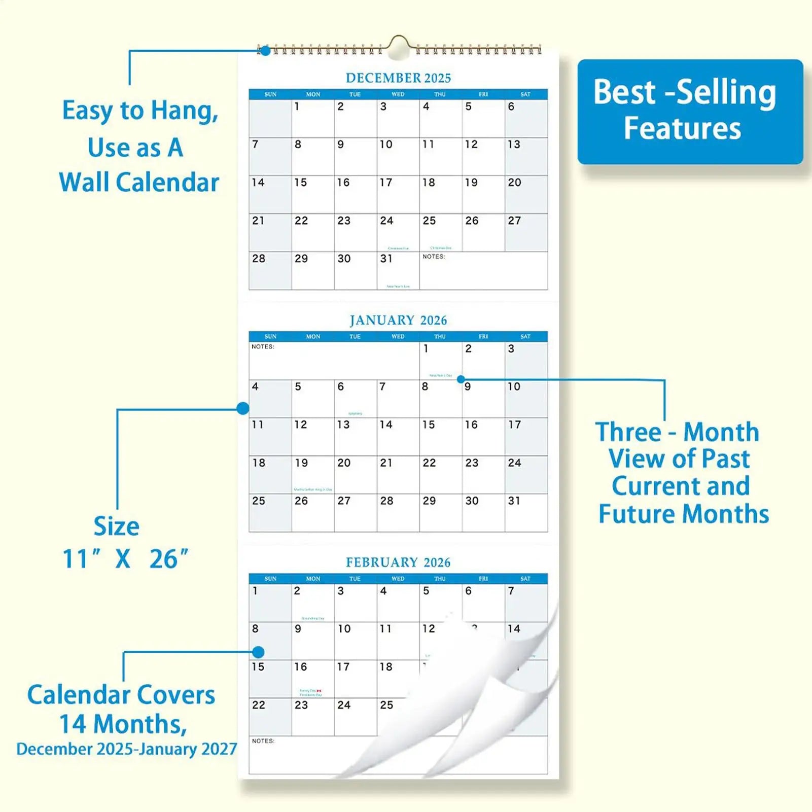 2025-2027 Vertical Yearly Wall Calendar 3 Month Wall Calendar Planners Organizers for Meeting Notebook Daily Schedule Pared Home Oasis Select