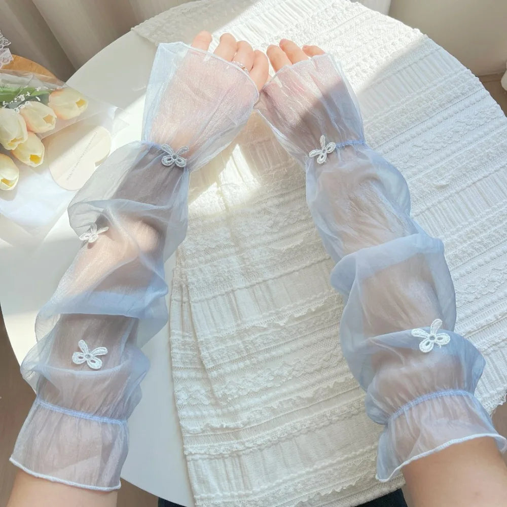 1 Pair Wide Fairy Style Arm Cover UV Resistant Breathable Ice Sleeves Cooling Bow Ice Silk Sunscreen Sleeves Sun Protection Oasis Select Blue