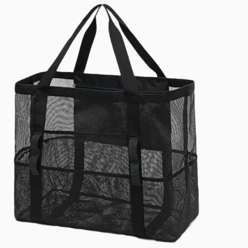 Mesh Beach Bag, Single Shoulder Handheld Mesh Shower Fitness Swimming Bath Bag Grid Beach Tote Bag, Large Capacity Storage Bag Oasis Select black