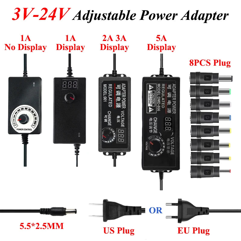 Transfotrmer AC 220V TO DC 12V 24V 5V Adjustable Power Supply Adapter DC 3V-24V Transformers AC 220 V To 12 24 V With 8PCS Plug Oasis Select