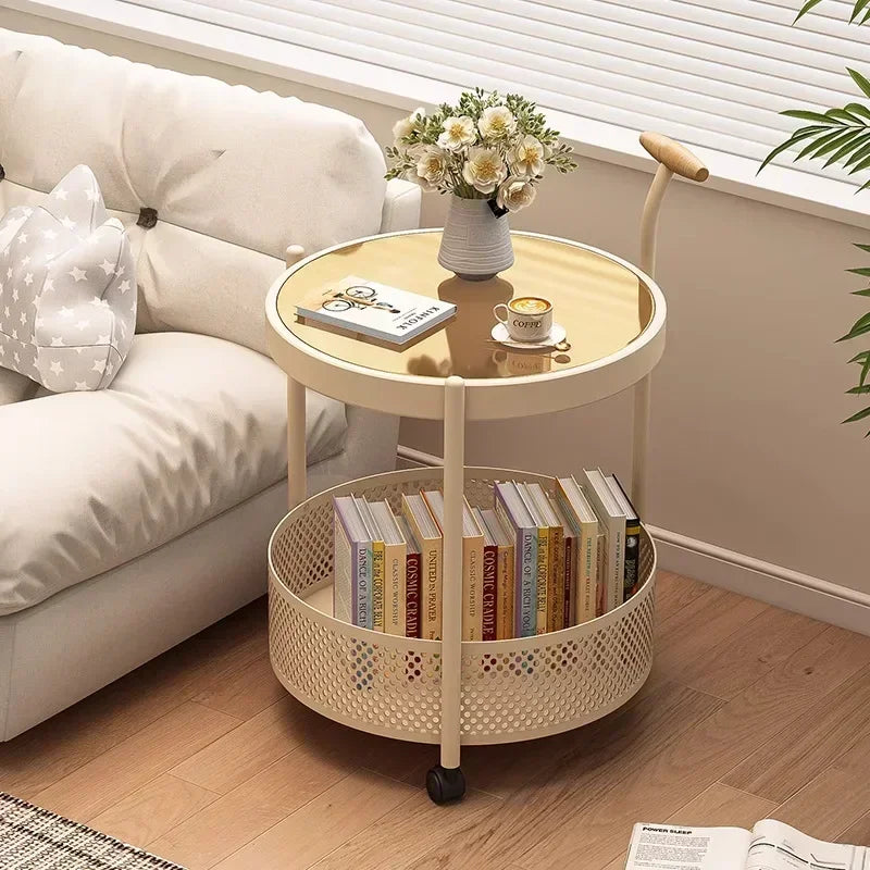 Multi-functional French light luxury movable glass trolley side table living room sofa small coffee table bedroom bedside table Oasis Select