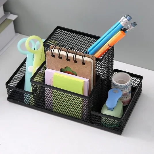 Mesh Desk Organizer Office Supplies Caddy with Pencil Holder and Storage Baskets for Desktop Accessories, 3 Compartments, Black Oasis Select 4 grids Black