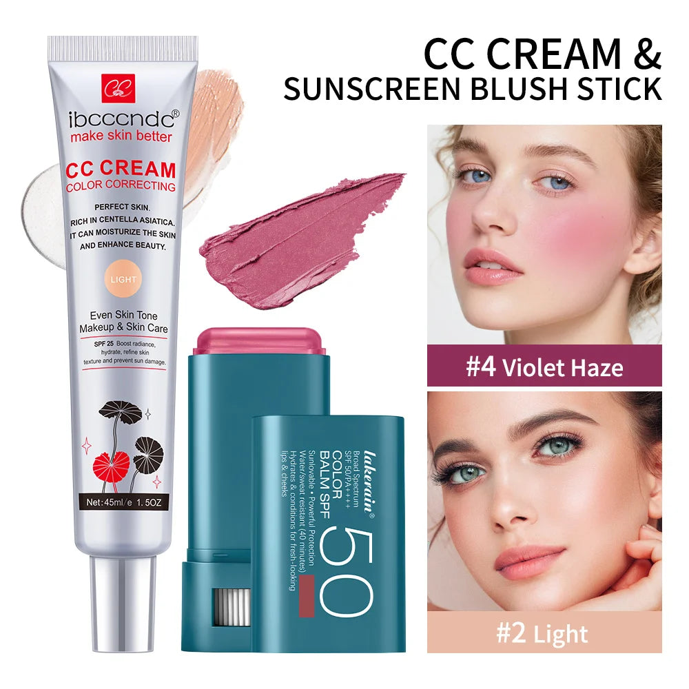 2pcs/set Color Correcting CC Cream & Suncreen Blush Stick Long-Lasting Waterproof Natural Finish Face Makeup Korean Cosmetic Oasis Select SET 9