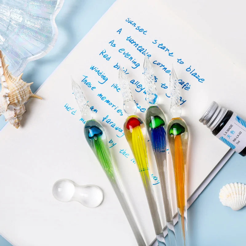 Jellyfish Dip Pen Three-Piece Glass Pen Set Sign Pen Crystal Student Glass Pen Stationery Gift Pen Oasis Select