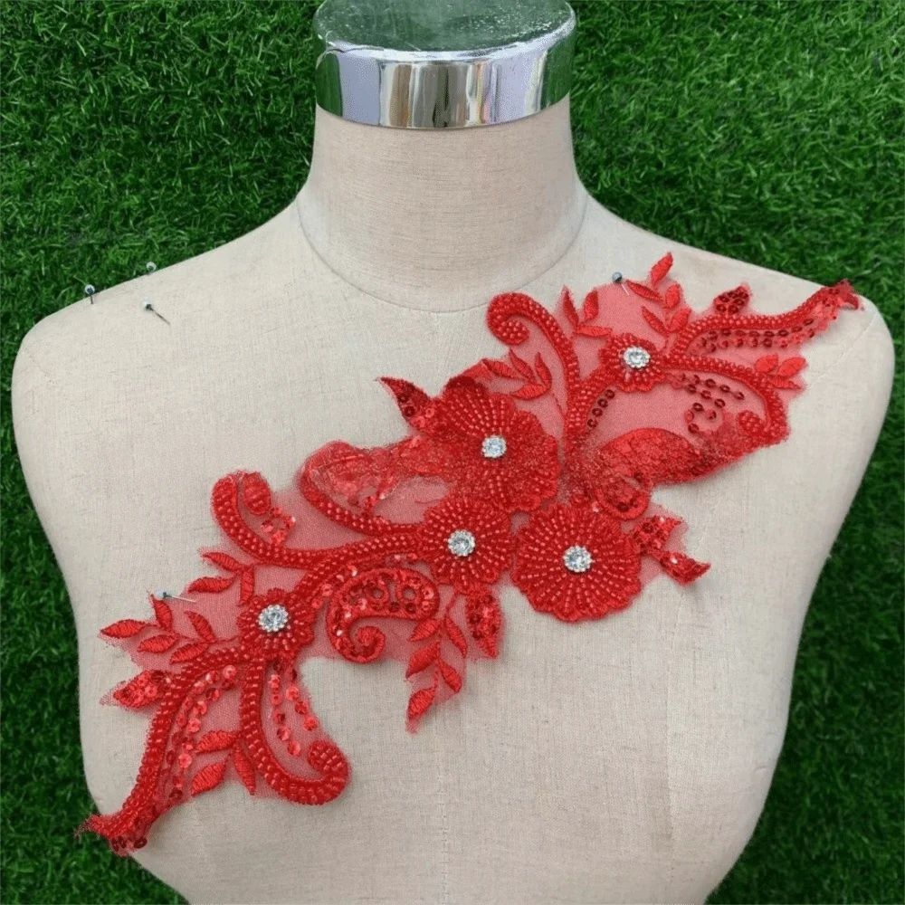 Rhinestone Flower Lace Applique Patch Handsewn Glass Drill Flower Embroidery Applique DIY Evening Gown Wedding Dress Accessories Oasis Select Red