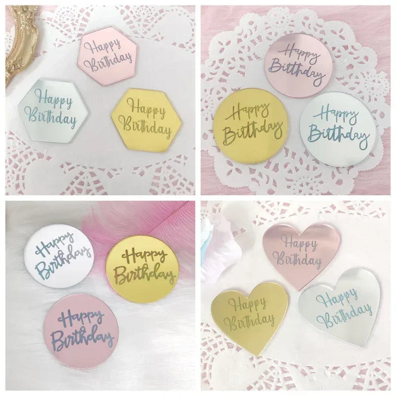 10pcs Happy Birthday Cupcake Toppers Gold Acrylic Circle Dessert Cake DIY Decorations Insert Card Kids Birthday Party Decoration Oasis Select