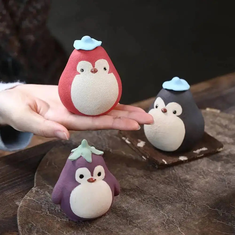 Yixing Zisha Tea Pet Penguin Eggplant Ornament Handmade Powder Clay Sculpture Little Chicken Cover Tray Tea Set Tea Play Tea Oasis Select