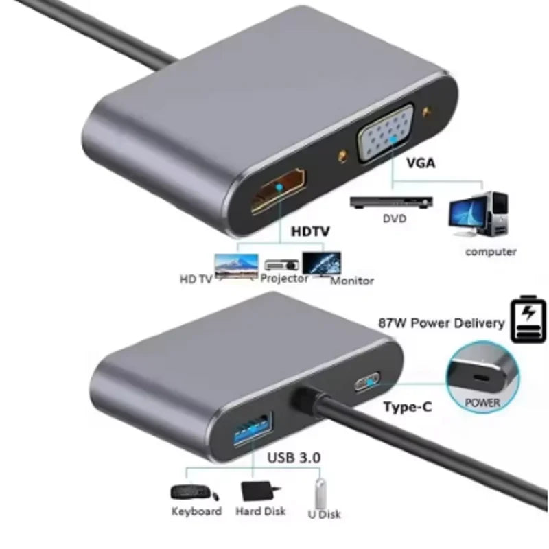 4 in 1 USB C Hub Docking Station Type C to 4K HDMI HDTV VGA USB 3.0 PD Fast Charge Splitter for MacBook Notebook Laptop Computer Oasis Select