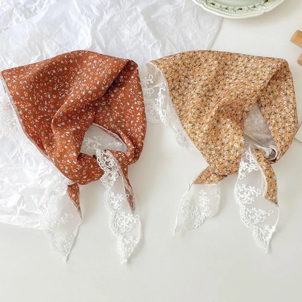 New French Style Triangle Scarf Small Flowers Fabric Turban Bandana Hair Accessories Lace Hair Bands for Spring Summer Oasis Select