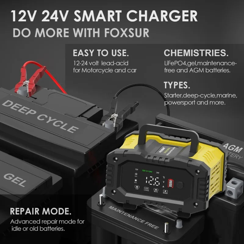 FOXSUR Car Motorcycle Battery Charger 20A 10A 12V/24V Smart Charger Lithium AGM GEL Lead-Acid LiFePO4 Battery Chargers Oasis Select