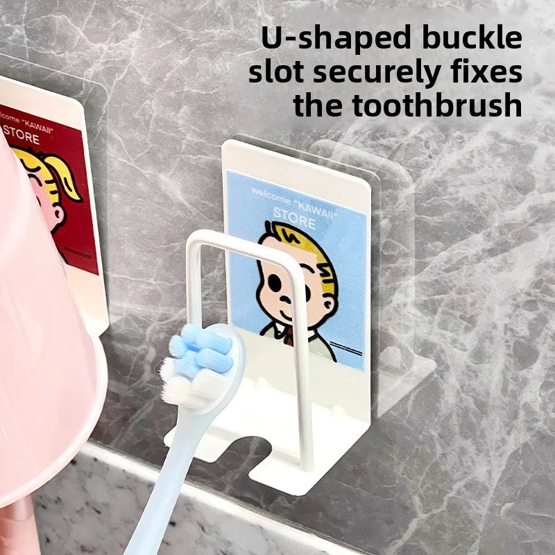 Toothbrush & Toothpaste Holders Wall Mounted Drain Storage Rack No Punch Hole Wall Toilet Mouthwash Cup Rack Cute Cartoon Simple Oasis Select