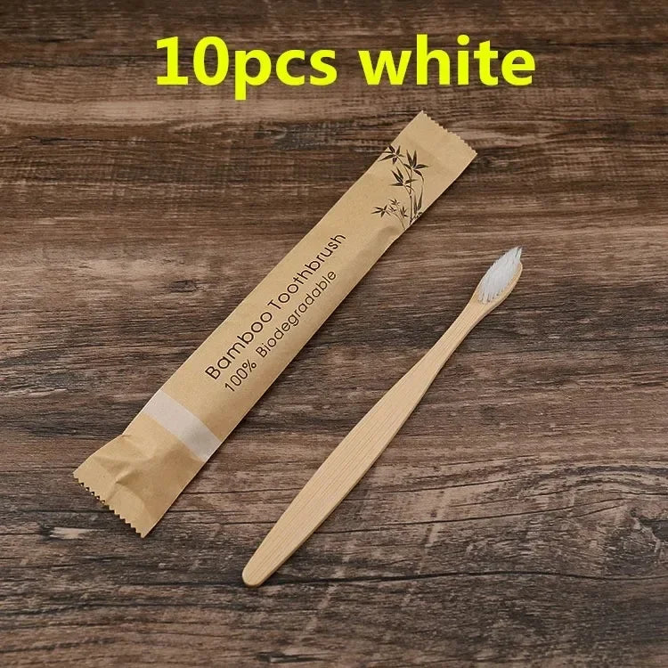 10Pcs Eco friendly toothbrush Bamboo Resuable Toothbrushes Portable Adult Wooden Soft Tooth Brush for Home Travel Hotel use Oasis Select 10pcs white