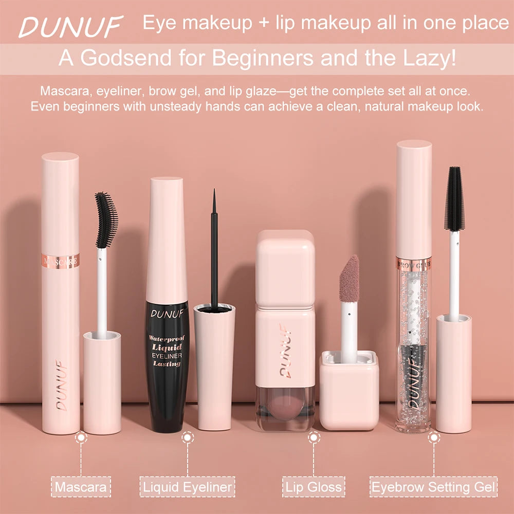 DUNUF 4-in-1 Makeup Gift Set Waterproof Long-Lasting Mascara Liquid Eyeliner Brow Setting Gel Moisturizing Lip Gloss with Mirror Oasis Select