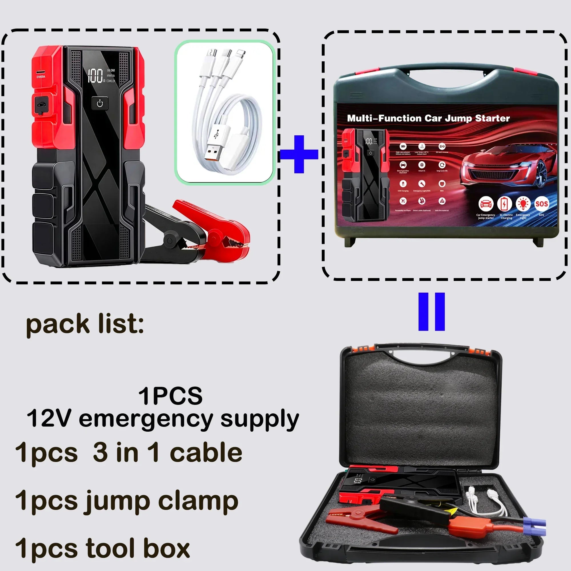 New 12V 99800mAh Car Jump Starter ,Portable Emergency Power Bank Battery Booster with LED Light, USB, for SUV Van Motorcycle ATV Oasis Select Starter with a Case