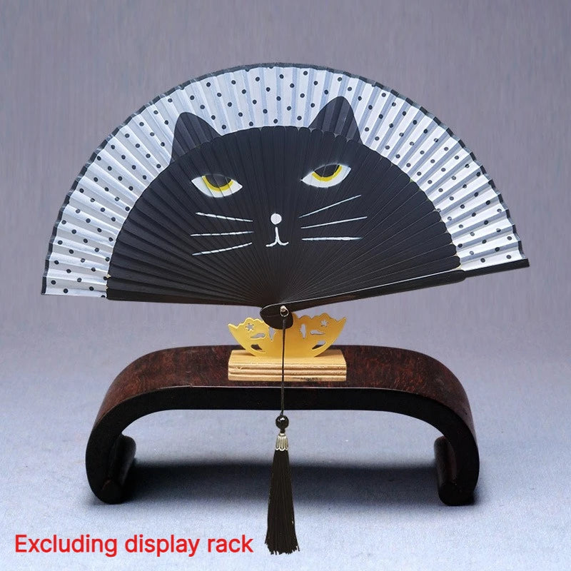 Chinese Style Summer Gift Cat Patterns Handmade Cartoon Home Decoration Silk Fan Folding Fan Fan Crafts Portable Bamboo Fan Oasis Select black