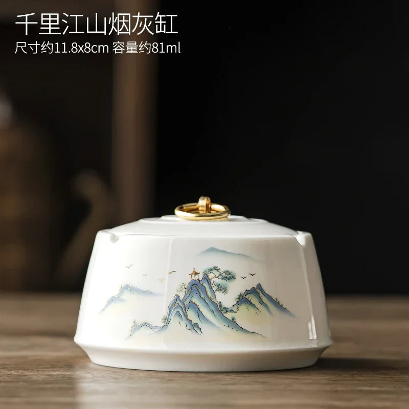 Sheep Fat Jade Ashtray Simple Article with Cover Fly Ash White Porcelain Ashtray Decoration for Household Living Room Ashtray Oasis Select C
