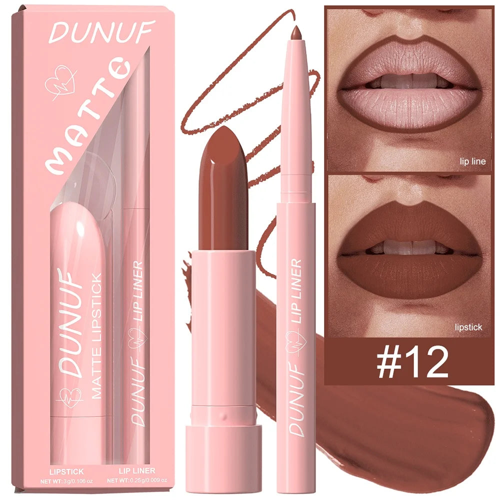 DUNUF 12-Color Matte Lipstick & Lip Liner Set – Waterproof