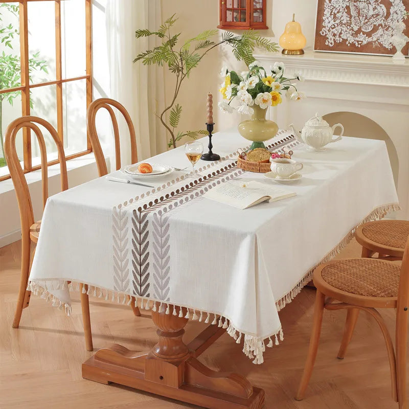Plant Patterned Tablecloth with Tassel Decoration Minimalist Style for Dining Tables in Restaurants Rectangular Fabric Oasis Select
