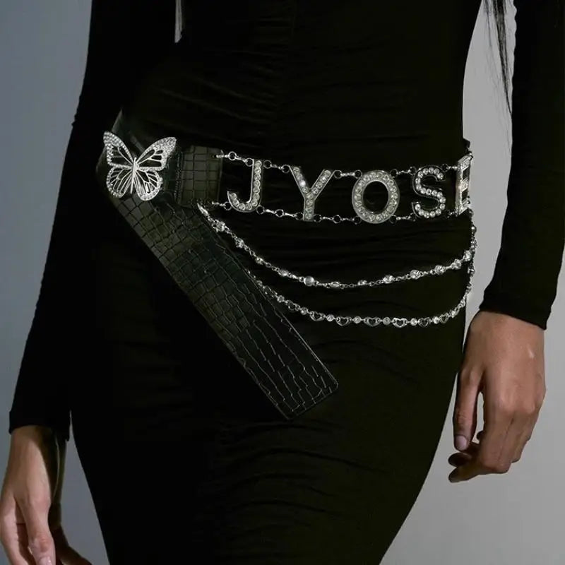 Rhinestone Y2K Letter Belt – PU Butterfly Chain Women's Belt Fashion Belt Oasis Select A4