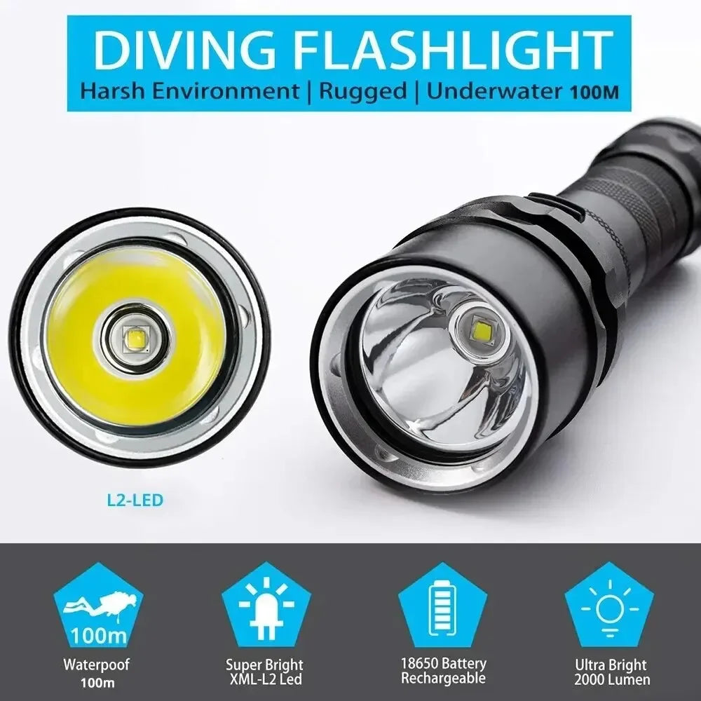 High Power Diving Flashlight IP68 Highest Waterproof Rating Professional Diving Light Powered by 18650 Battery With Hand Rope Oasis Select
