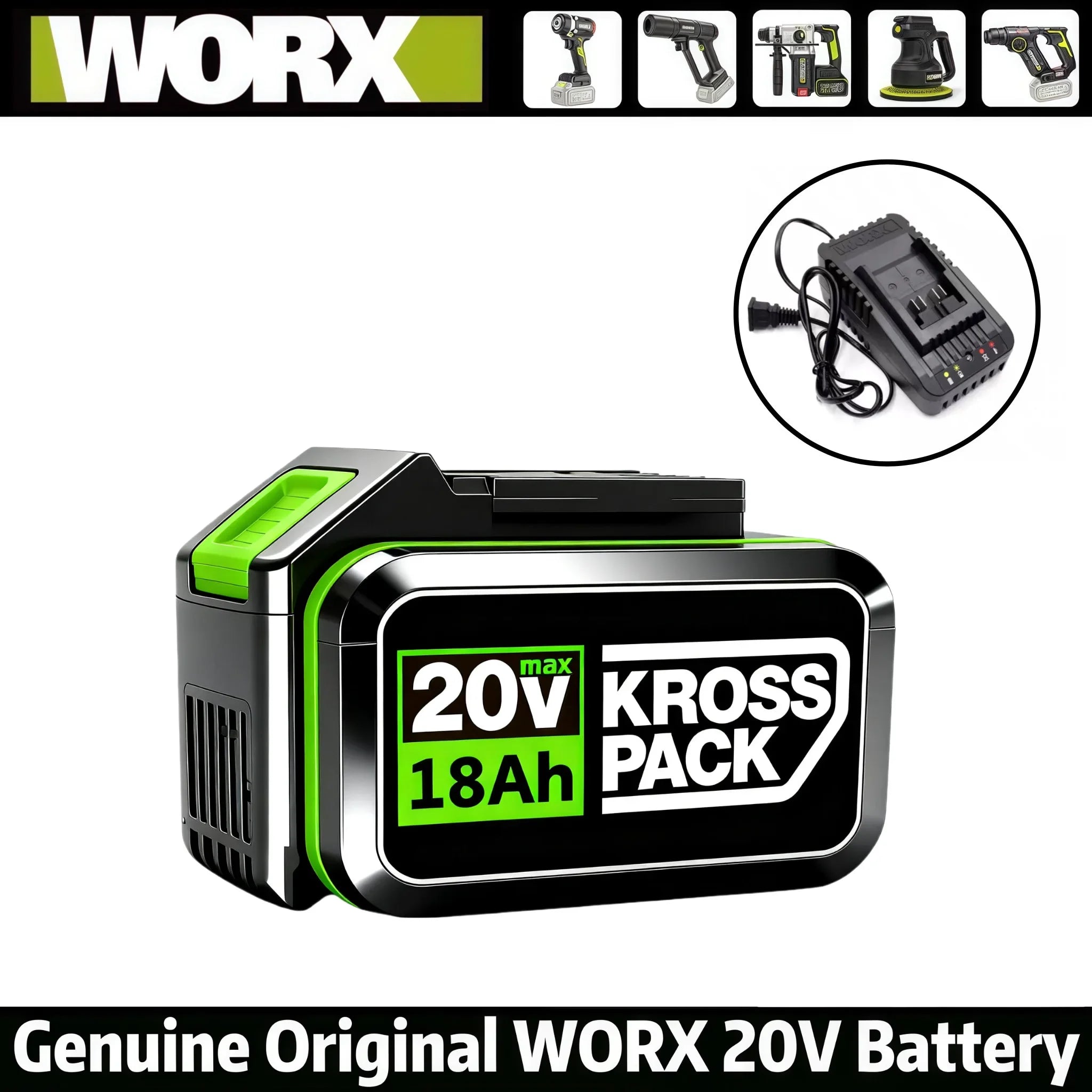 New High-capacity 20V Worx 18000mAh Replacement Lithium-ion Battery，For WA3551 WA3551.1 WA3553 WA3641Rechargeable Tool Battery Oasis Select 1PCS-18Ah-Charger