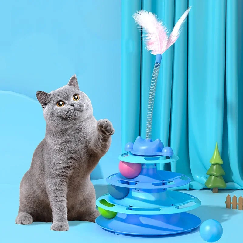 1pcs 4-Layer Feather Cat Turntable With Fun Toy Ball And Playing Stick - Interactive Toy For Cats Oasis Select