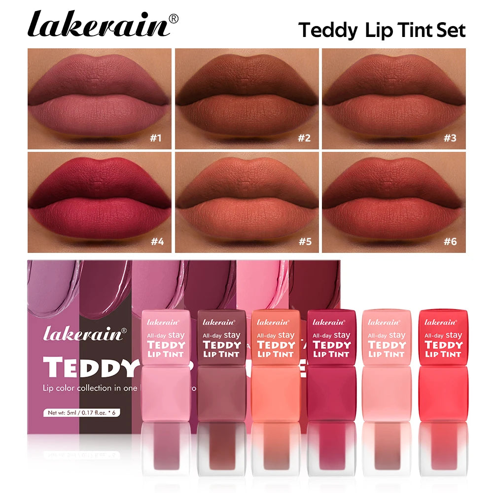 6pcs/set Teddy Velvet Non-stick Cup Lip Glaze Matte Lipstick Waterproof Longlasting Color Liquid Silky Saturation High Lip Gloss Oasis Select set