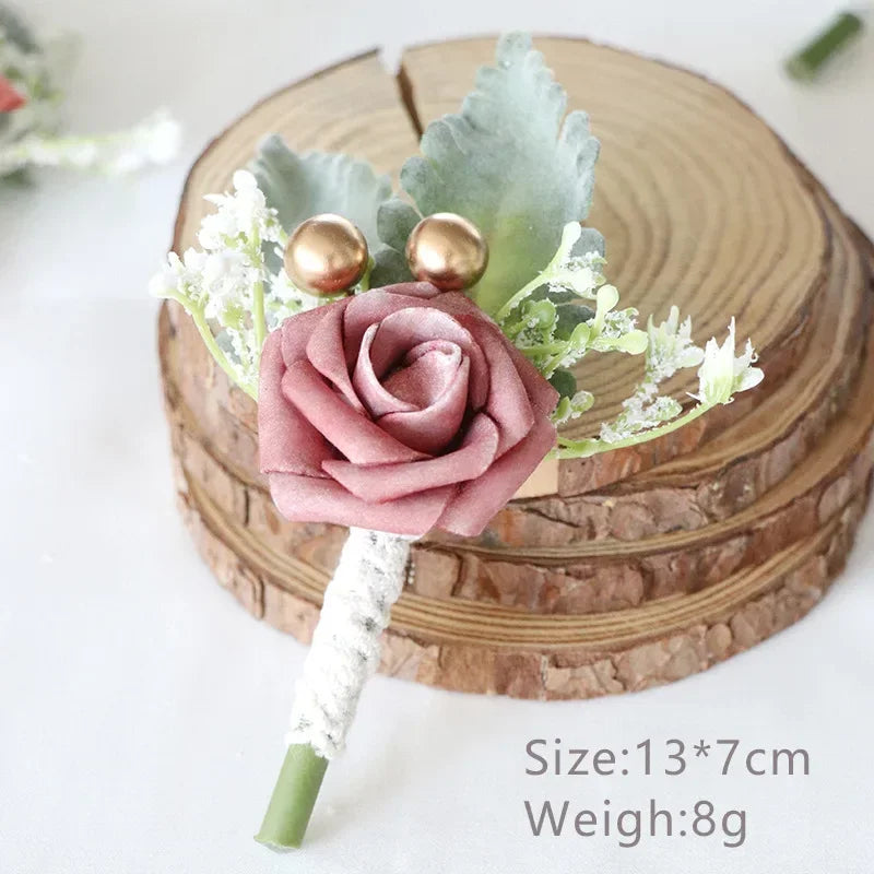 Boutonnieres Flowers Artificial White Roses Silk Ivory Corsage Buttonhole Groomsmen Boutonniere for Men Wedding Accessories Oasis Select Cameo Brown