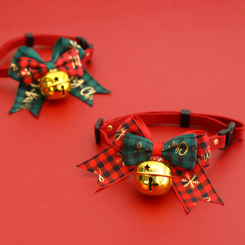 Christmas Pet Collar with Bell Bow Red Green Themed Adjustable Dog Cat Necklace Holiday Party Photo Prop Pet Fashion Oasis Select