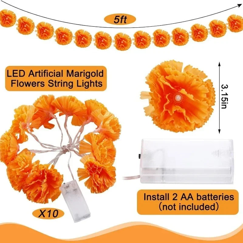 5 Ft LED Orange Marigold Garland Lights for Day of The Dead Halloween Diwali Christmas Party Home Decoration Oasis Select