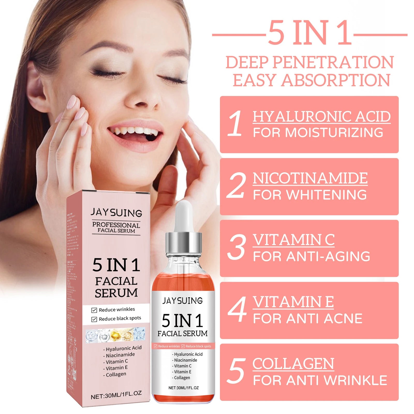 5 In 1 Face Serum Hyaluronic Acid Moisturizing Whitening Anti Wrinkle Aging Vitamin C Fade spots Shrink Pores Skin Care 30ml Oasis Select