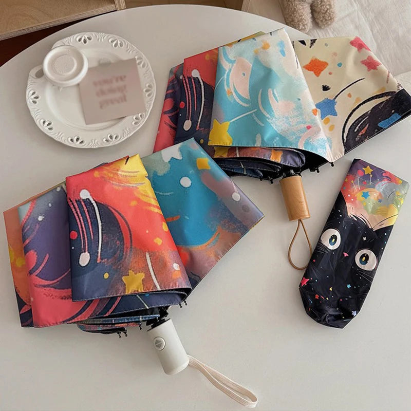 Cute Star Kitten Sunscreen Umbrella Women's Weather Umbrella UV Resistant Sun Umbrella Automatic Portable Folding Umbrella Oasis Select