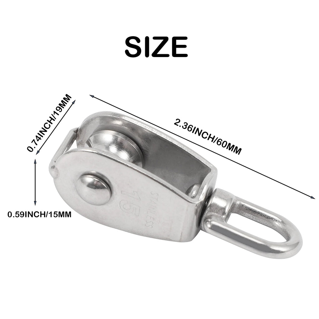 LIKE WISH 4PCS Single Pulley Block M15 Stainless Steel Small Pulley Roller For Rope Cord In Outdoor 360°Swivel Silver Pulley Oasis Select