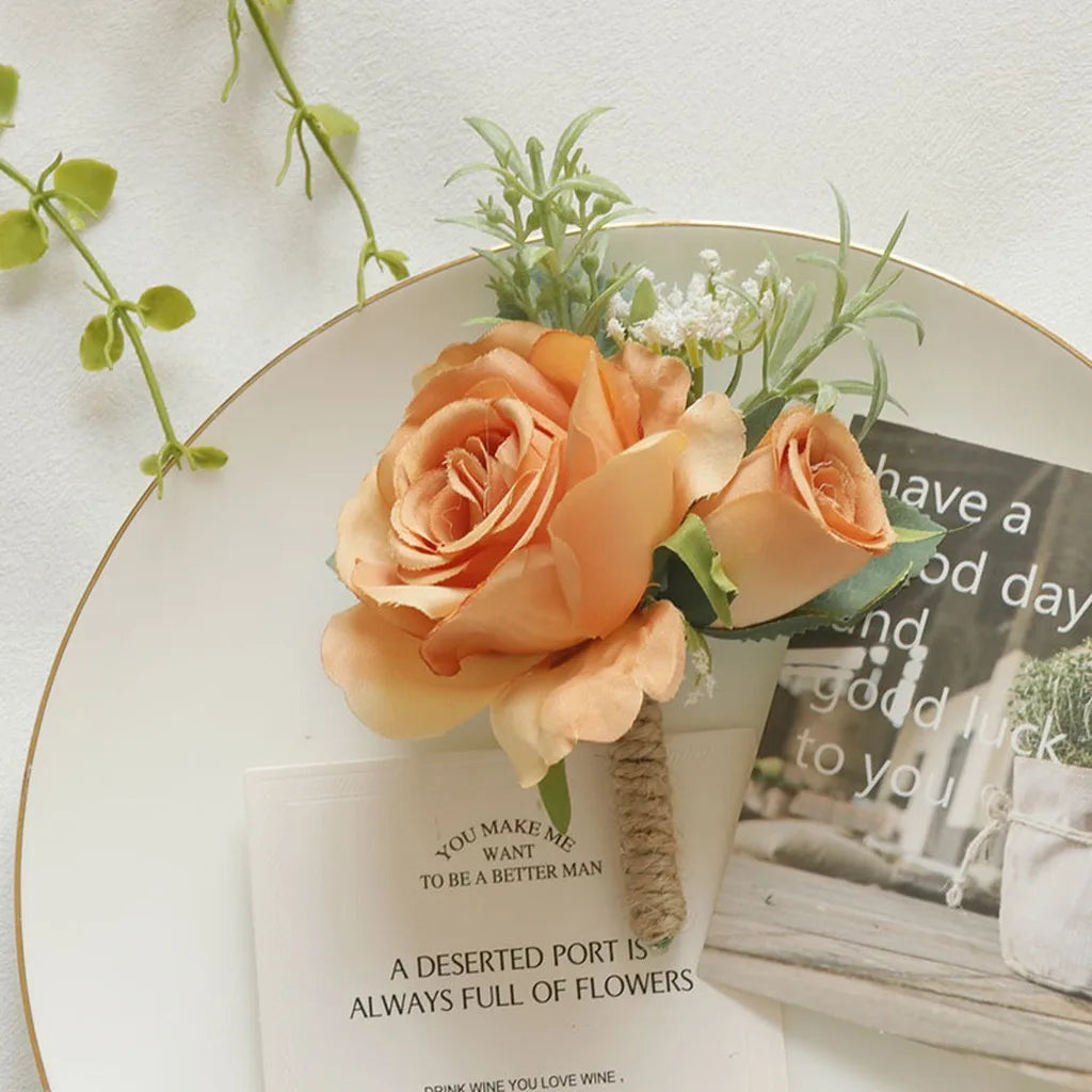 Wedding Artifical Flowers Silk Rose Boutonniere Ribbion Wrist Corsage Botonier Para Novio Boda Oasis Select Warm Orange-Corsage