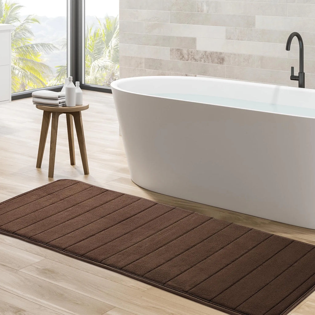 Long Oversized Bathroom Rug Memory Foam Bath Mat in Brown Textured Stripes Extra Long Non-Slip Absorbent Runner for Shower Oasis Select
