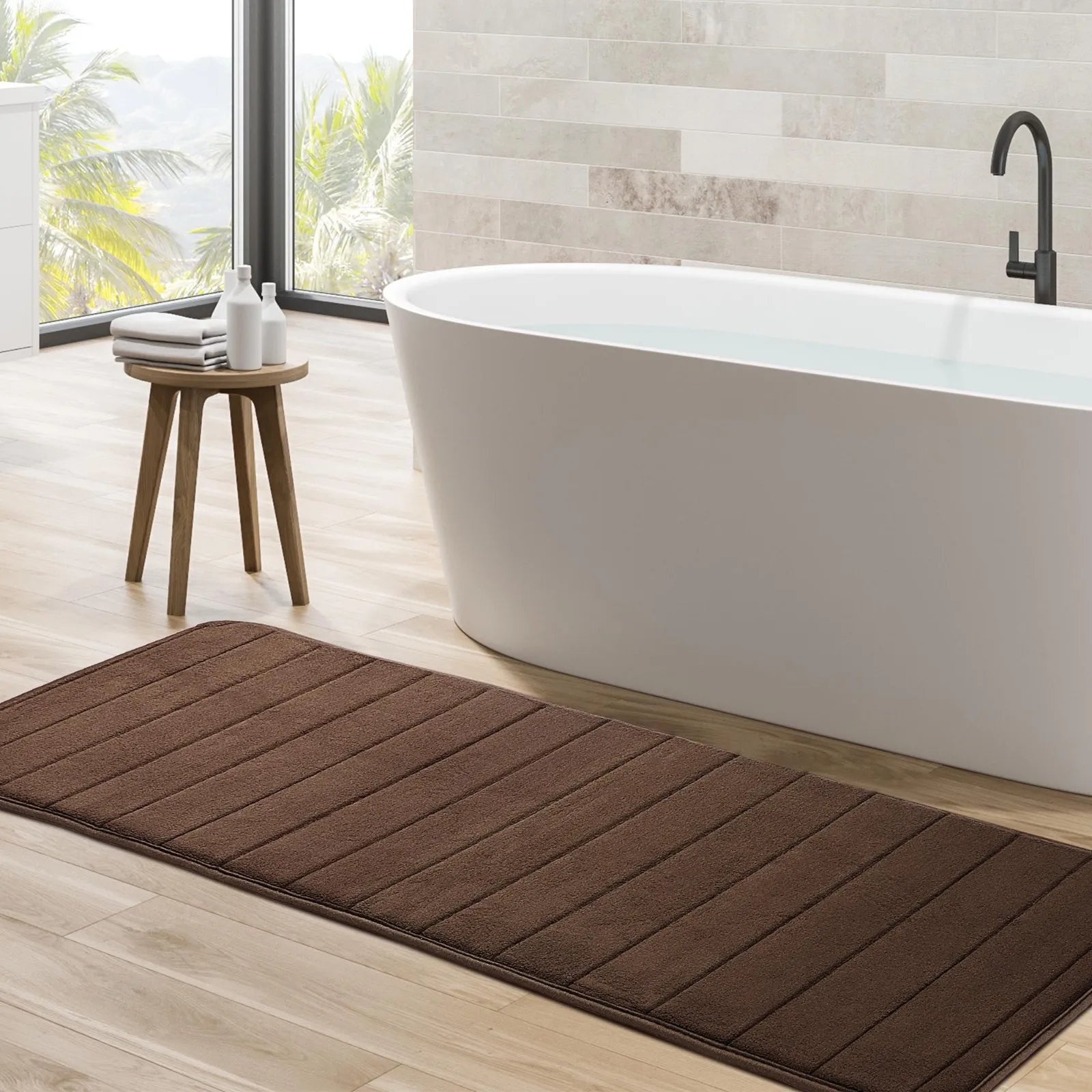 Long Oversized Bathroom Rug Memory Foam Bath Mat in Brown Textured Stripes Extra Long Non-Slip Absorbent Runner for Shower Oasis Select