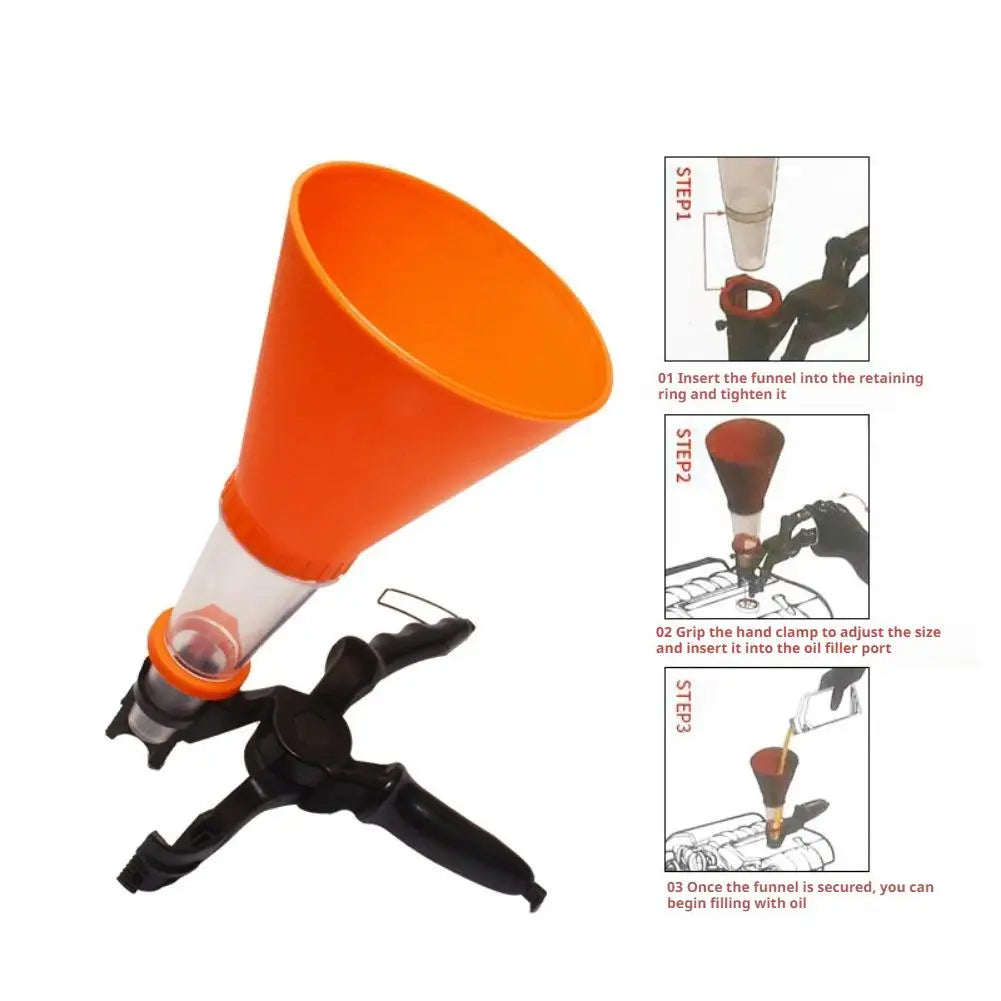 Hands-Free Engine Oil Funnel with Self-Locking Clamp – Universal