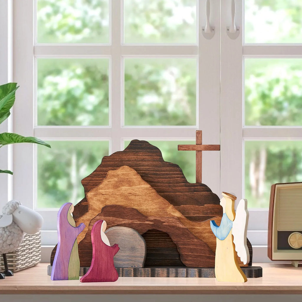 Easter Resurrection Scene Wooden Figurine – Risen Christ Decor Holiday Figurine Set Oasis Select