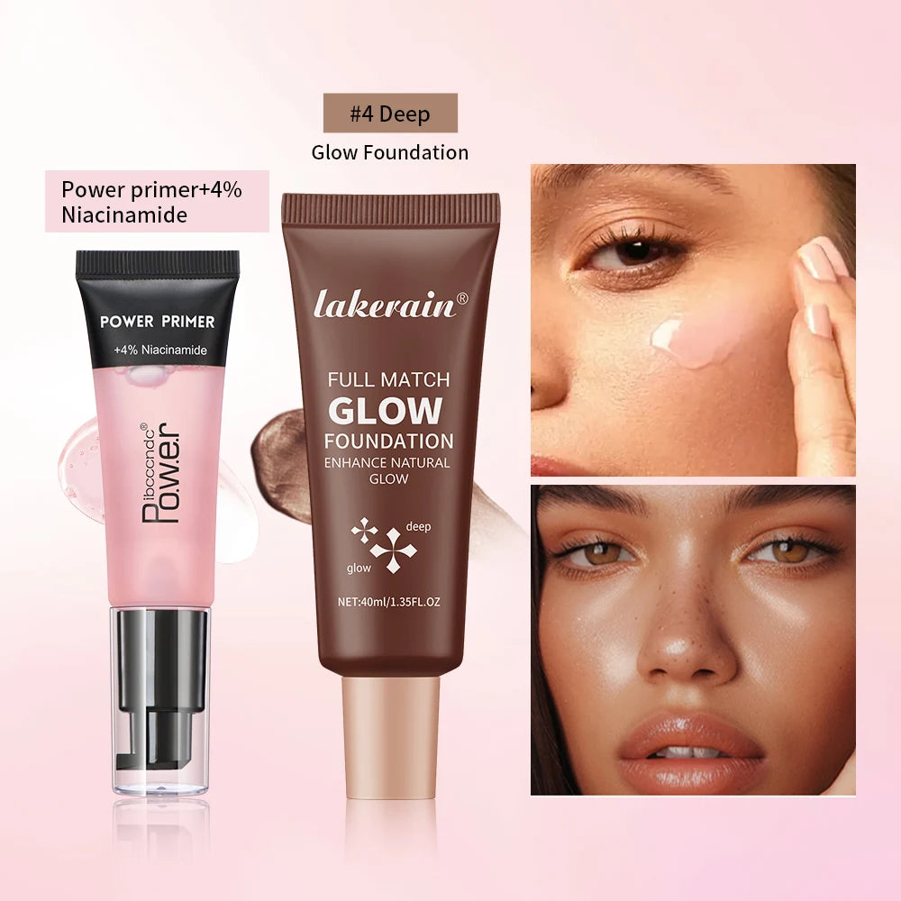 Powder Grip Primer Gel & Glow Foundation Makeup Kit Hydrating Smoothing Skin Lightweight Brighthen Shiny Fase Cosmetics Combo Oasis Select SET 8