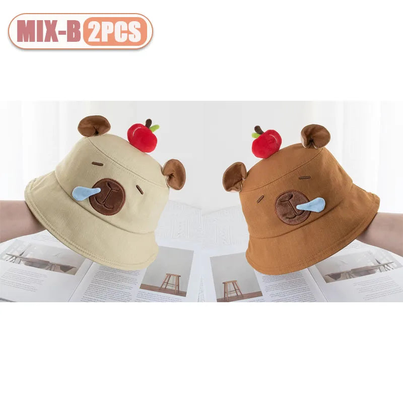1-4PCS Cute Capybara Apple Bucket Hat for Women Cartoon Fisherman Hat Sun Protection Casual Summer Beach Outdoor Oasis Select MIX-B-2PCS