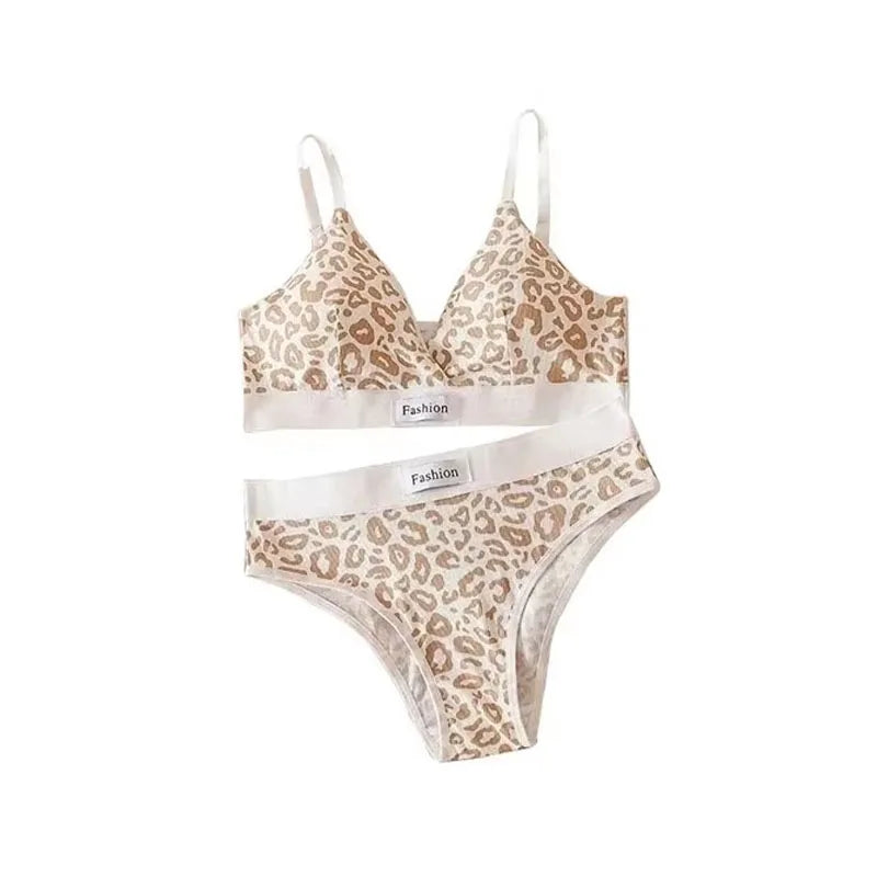 1-4pcs Summer Set New Women's Leopard Print Traceless and Steel Rim Bra Adjustable Shoulder Strap Back Women's Underwear Set Oasis Select Khaki 1 set One Size