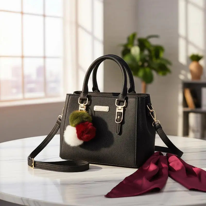 Women's PU Leather Tote Bag | Pom-Pom Crossbody Shoulder Handbag